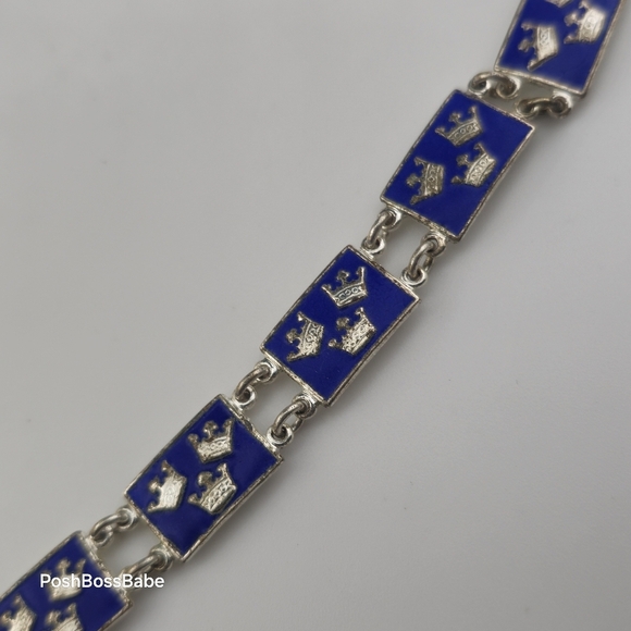 Vintage Sterling Silver & Blue Enamel Link Bracelet - 6" - Picture 3 of 7